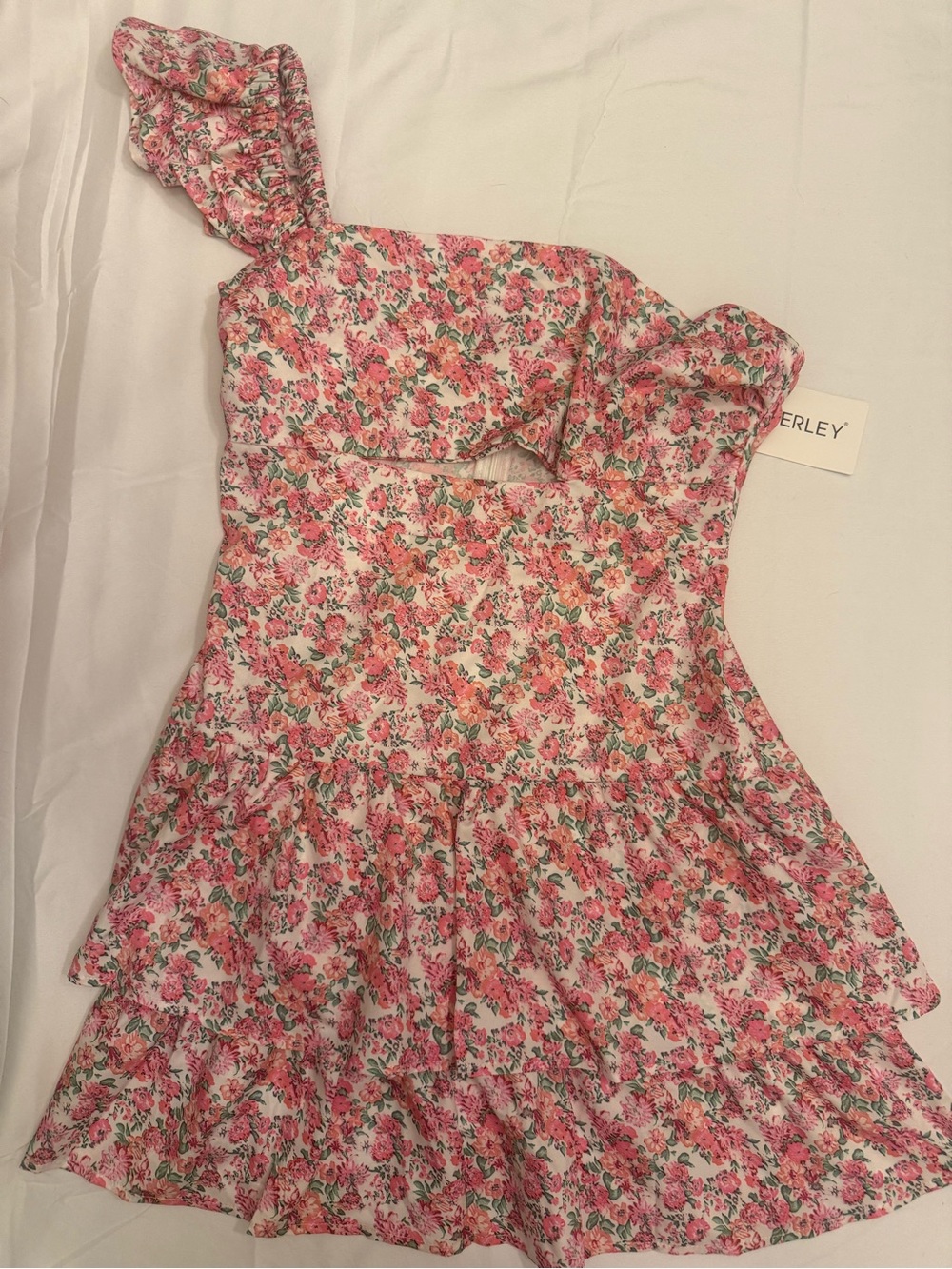 Cherley Pink Floral One-Shoulder Ruffle Asymmetrical Mini Dress